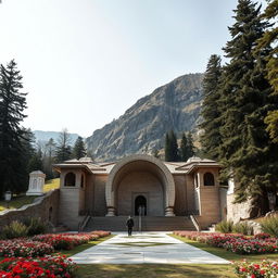 The tomb of an Iranian Islamic hero, featuring a crescent shape, located at the base of a mountainous area surrounded by tall cedar and fir trees