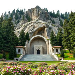 The tomb of an Iranian Islamic hero, featuring a crescent shape, located at the base of a mountainous area surrounded by tall cedar and fir trees