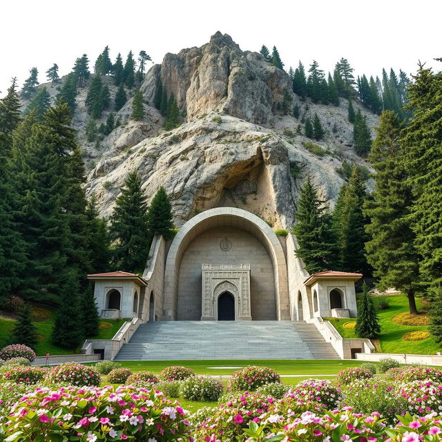 The tomb of an Iranian Islamic hero, featuring a crescent shape, located at the base of a mountainous area surrounded by tall cedar and fir trees