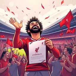 A vibrant illustration of Mohamed Salah, the famous Egyptian football player, joyfully singing while holding a Liverpool FC contract