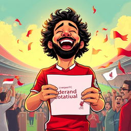 A vibrant illustration of Mohamed Salah, the famous Egyptian football player, joyfully singing while holding a Liverpool FC contract