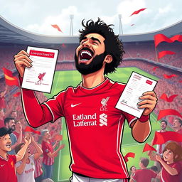 A vibrant illustration of Mohamed Salah, the famous Egyptian football player, joyfully singing while holding a Liverpool FC contract