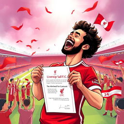 A vibrant illustration of Mohamed Salah, the famous Egyptian football player, joyfully singing while holding a Liverpool FC contract