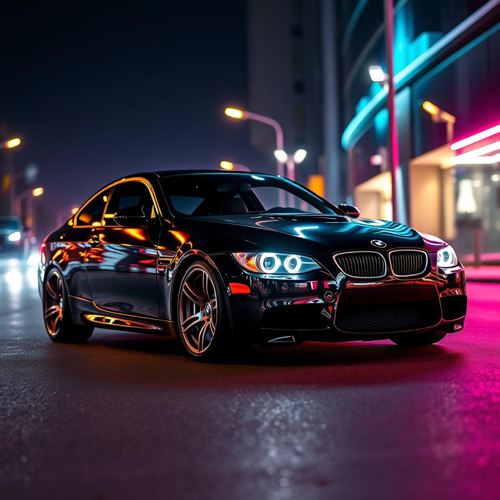 A sleek black BMW E92 coupe, showcasing its sporty and aggressive stance with shining sport rims