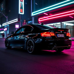 A sleek black BMW E92 coupe, showcasing its sporty and aggressive stance with shining sport rims