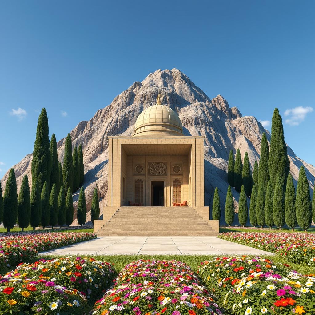 An artistic depiction of the mausoleum of the Iranian Islamic hero Qoushishkal, located at the base of a mountain with rows of cypress trees surrounding it