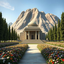 An artistic depiction of the mausoleum of the Iranian Islamic hero Qoushishkal, located at the base of a mountain with rows of cypress trees surrounding it