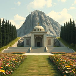 An artistic depiction of the mausoleum of the Iranian Islamic hero Qoushishkal, located at the base of a mountain with rows of cypress trees surrounding it