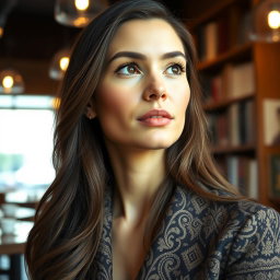 A close-up portrait of an elegant woman with striking features, wearing a stylish outfit with intricate patterns