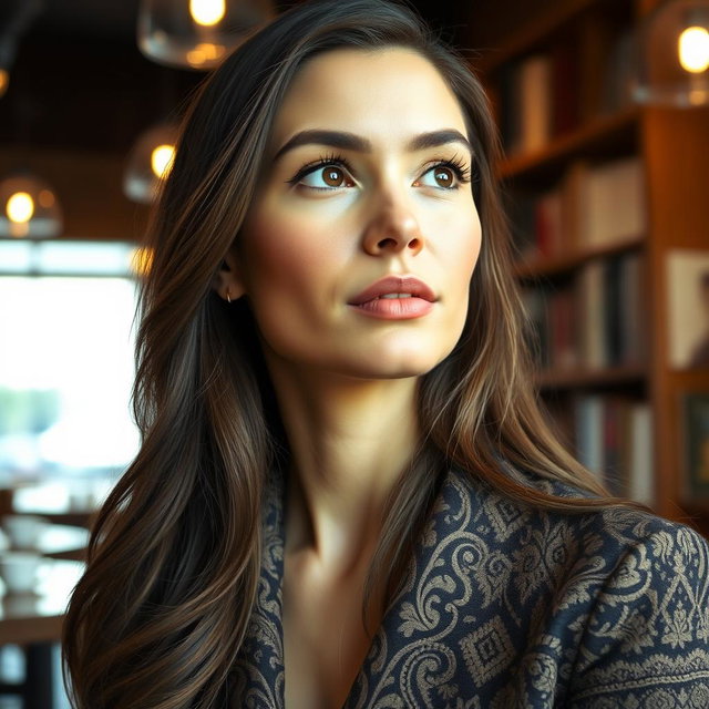 A close-up portrait of an elegant woman with striking features, wearing a stylish outfit with intricate patterns