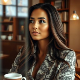 A close-up portrait of an elegant woman with striking features, wearing a stylish outfit with intricate patterns