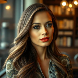 A close-up portrait of an elegant woman with striking features, wearing a stylish outfit with intricate patterns