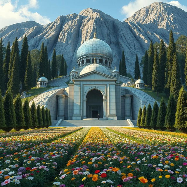 An artistic depiction of the mausoleum of the Iranian Islamic hero Qoushishkal, located at the base of a mountain with rows of cypress trees surrounding it