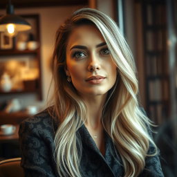 A close-up portrait of an elegant woman with striking features, wearing a stylish outfit with intricate patterns