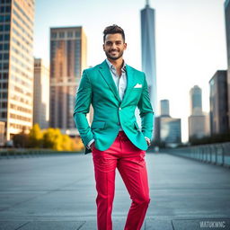 A fashionable man wearing a bright-colored suit, standing confidently in a modern cityscape