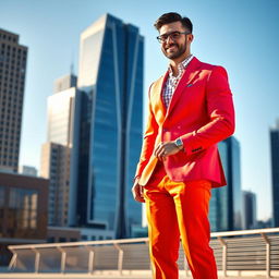 A fashionable man wearing a bright-colored suit, standing confidently in a modern cityscape