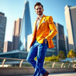 A fashionable man wearing a bright-colored suit, standing confidently in a modern cityscape