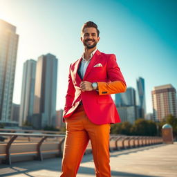 A fashionable man wearing a bright-colored suit, standing confidently in a modern cityscape