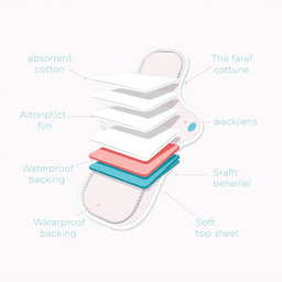 A detailed illustration of a sanitary pad featuring five distinct layers, each layer visibly labeled to showcase its specific function