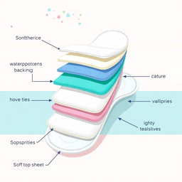 A detailed illustration of a sanitary pad featuring five distinct layers, each layer visibly labeled to showcase its specific function