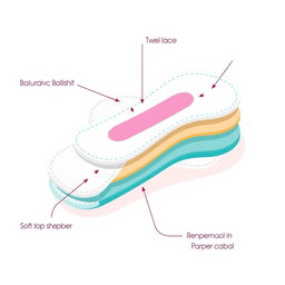 A detailed illustration of a sanitary pad featuring five distinct layers, each layer visibly labeled to showcase its specific function