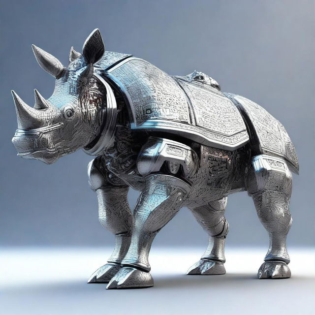 A high-quality 3D render of a robot rhino, designed with intricate details and metallic textures