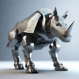 A high-quality 3D render of a robot rhino, designed with intricate details and metallic textures