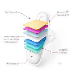 An informative illustration of a sanitary pad designed with five distinct layers, each layer clearly labeled to highlight its unique purpose