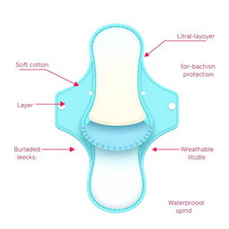 An informative illustration of a sanitary pad designed with five distinct layers, each layer clearly labeled to highlight its unique purpose