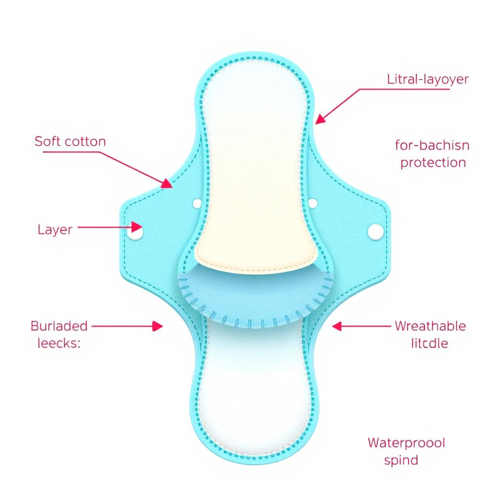 An informative illustration of a sanitary pad designed with five distinct layers, each layer clearly labeled to highlight its unique purpose