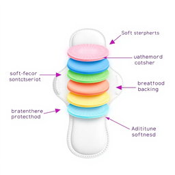 An informative illustration of a sanitary pad designed with five distinct layers, each layer clearly labeled to highlight its unique purpose
