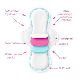 An informative illustration of a sanitary pad designed with five distinct layers, each layer clearly labeled to highlight its unique purpose