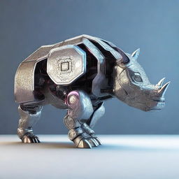 A high-quality 3D render of a robot rhino, designed with intricate details and metallic textures