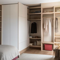 A neatly arranged full bedroom view with a closed walk-in closet and a functional study table, a  petite book rack, with visible separation between the closet and study area for a clear distinction.