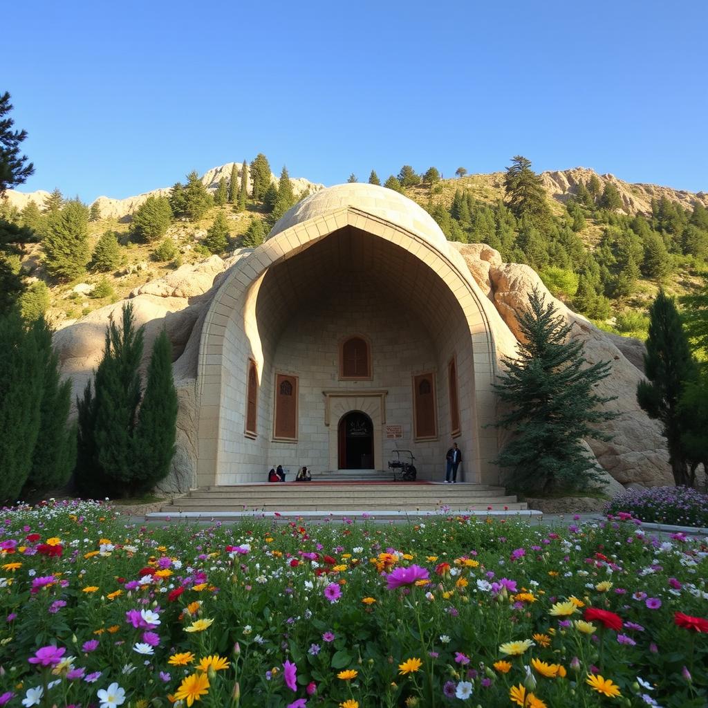 An Iranian-Islamic style tomb with an arched design, located in a mountainous region surrounded by cypress and cedar trees