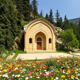 An Iranian-Islamic style tomb with an arched design, located in a mountainous region surrounded by cypress and cedar trees