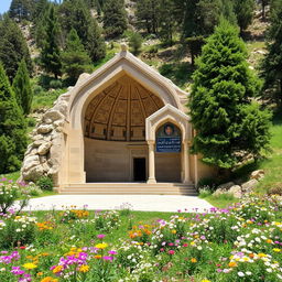 An Iranian-Islamic style tomb with an arched design, located in a mountainous region surrounded by cypress and cedar trees