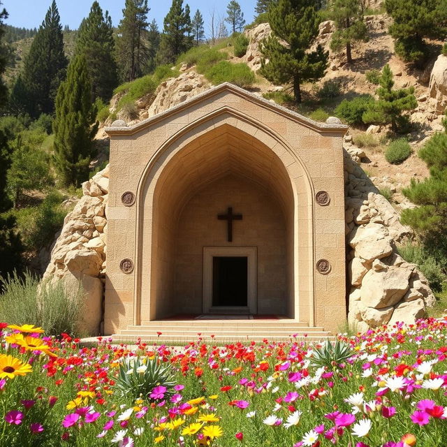 An Iranian-Islamic style tomb with an arched design, located in a mountainous region surrounded by cypress and cedar trees