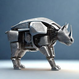 A high-quality 3D render of a robot rhino, designed with intricate details and metallic textures