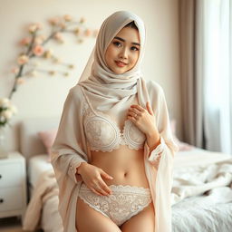 A beautiful fashion model wearing elegant hijab lingerie that combines traditional elements with contemporary design