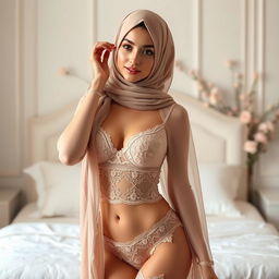 A beautiful fashion model wearing elegant hijab lingerie that combines traditional elements with contemporary design