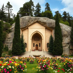 An Iranian-Islamic arch-shaped mausoleum located in a mountainous area surrounded by tall cypress and evergreen trees