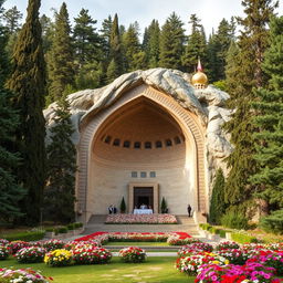 An Iranian-Islamic arch-shaped mausoleum located in a mountainous area surrounded by tall cypress and evergreen trees