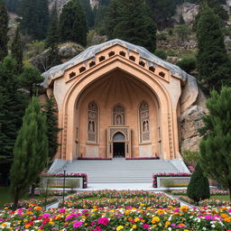 An Iranian-Islamic arch-shaped mausoleum located in a mountainous area surrounded by tall cypress and evergreen trees
