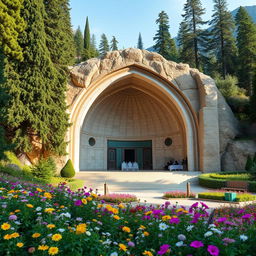An Iranian-Islamic arch-shaped mausoleum located in a mountainous area surrounded by tall cypress and evergreen trees