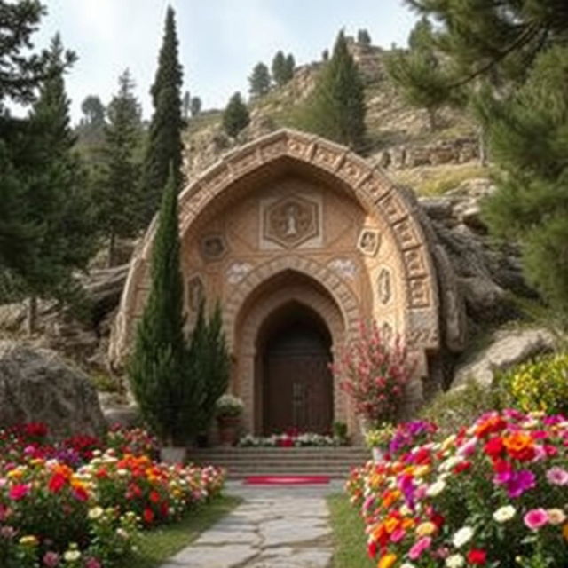 An Iranian Islamic design tomb with an arch shape nestled in a mountainous area surrounded by cypress and juniper trees