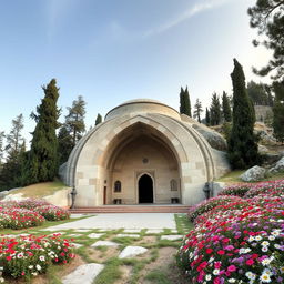 An Iranian Islamic design tomb with an arch shape nestled in a mountainous area surrounded by cypress and juniper trees