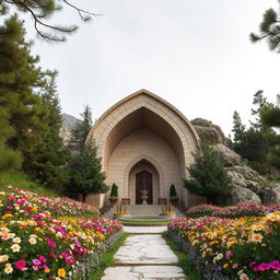 An Iranian Islamic design tomb with an arch shape nestled in a mountainous area surrounded by cypress and juniper trees