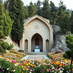 An Iranian Islamic design tomb with an arch shape nestled in a mountainous area surrounded by cypress and juniper trees