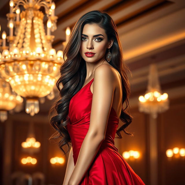 A stunningly beautiful woman in a glamorous red dress, exuding confidence and allure